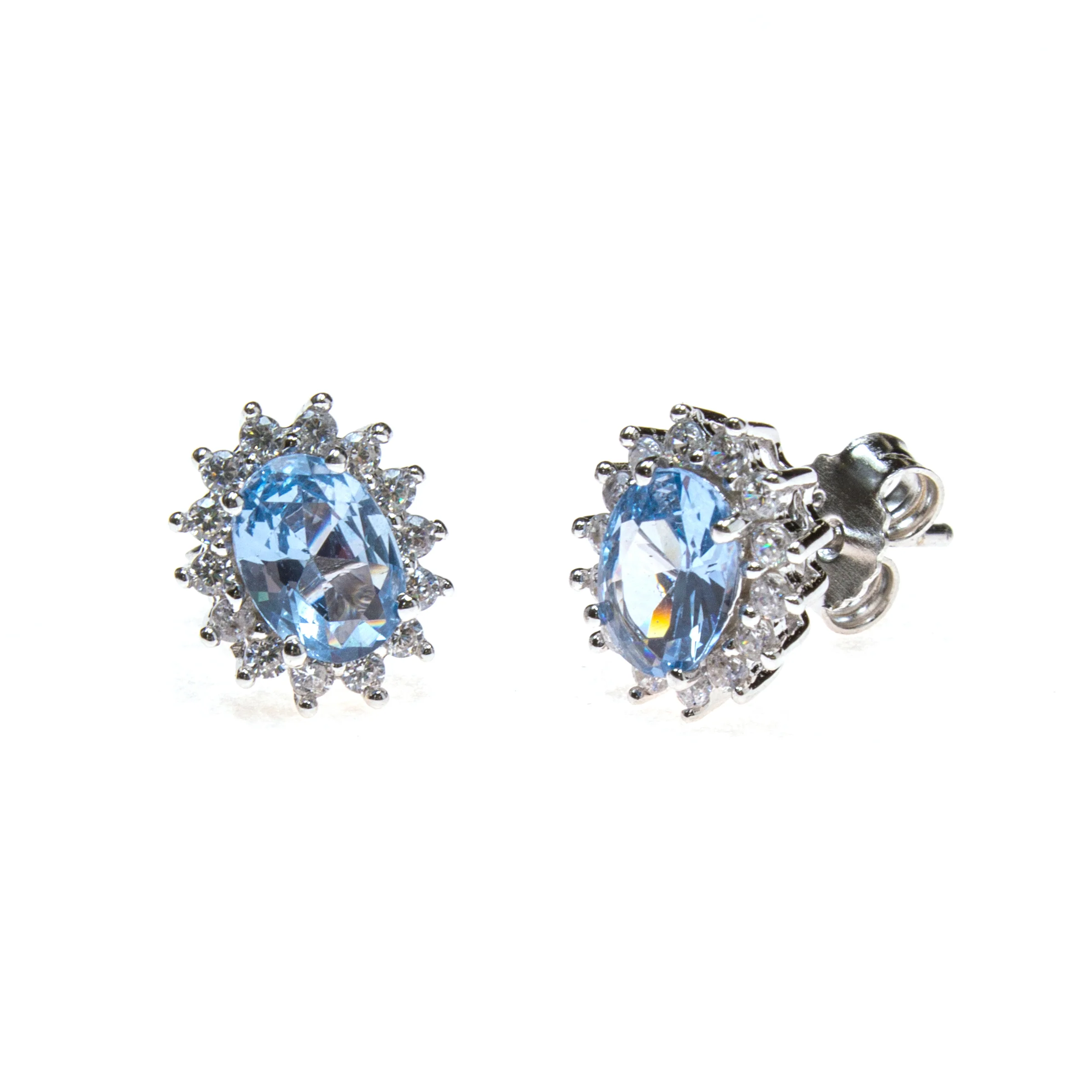 Sterling Silver Created Aquamarine and Cubic Zirconia Oval Stud Earrings - Image 3