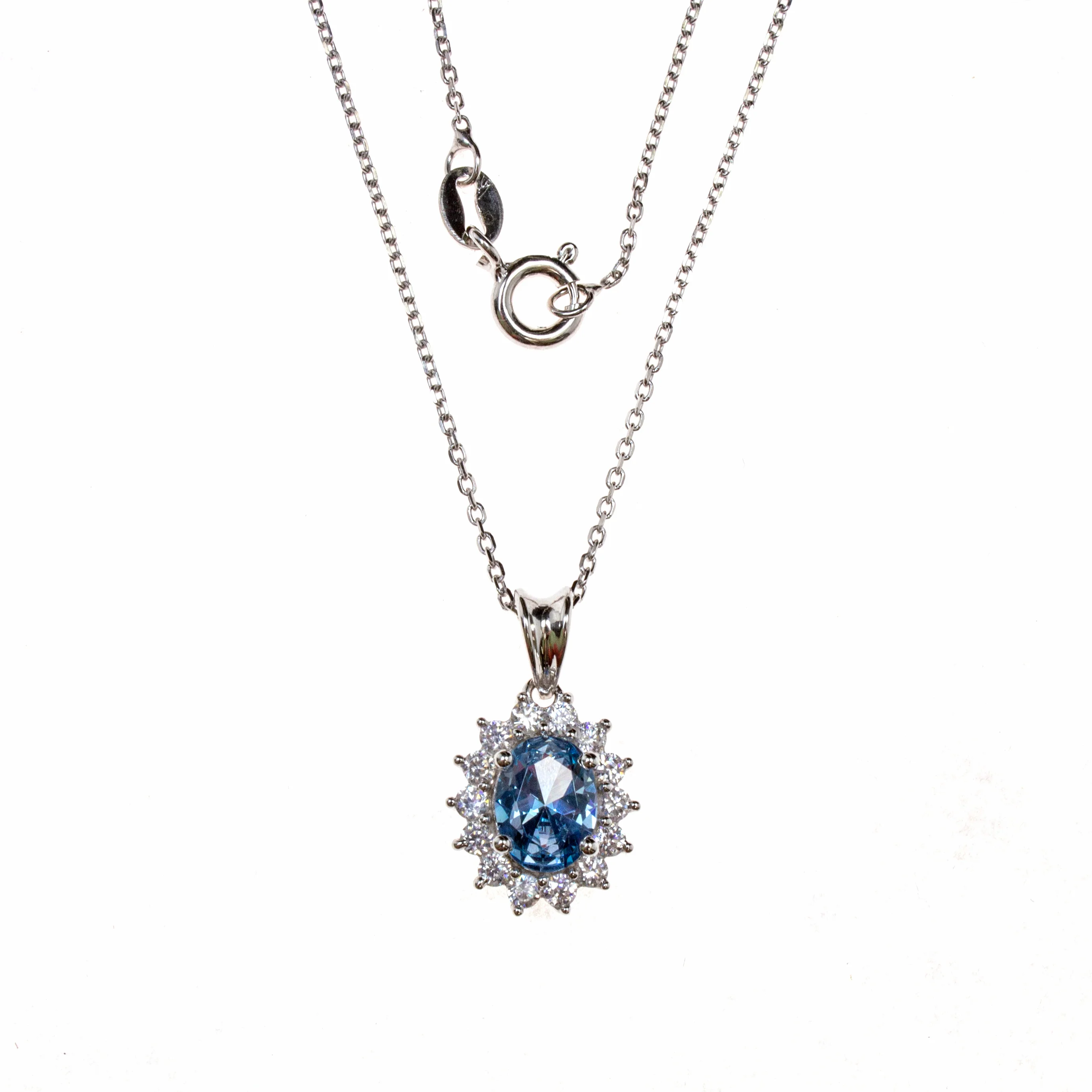 Sterling Silver Created Aquamarine CZ Necklace - Image 3